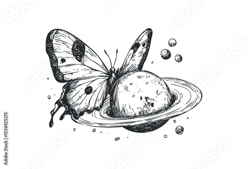 Butterfly with saturn rings and moons - black and white sketch. Vector retro hand drawn illustration