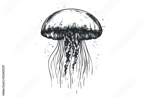 Intricate hand-drawn jellyfish sketch with detailed tentacles. Vector retro hand drawn illustration