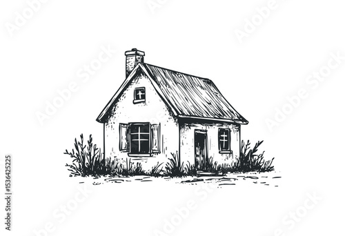 Charming vintage cottage sketch with chimney and windows. Vector retro hand drawn illustration