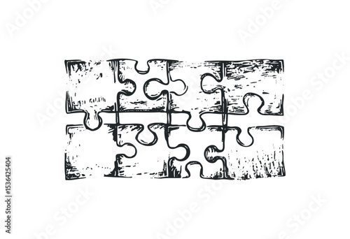 Grunge sketch of unfinished jigsaw puzzle pieces. Vector retro hand drawn illustration