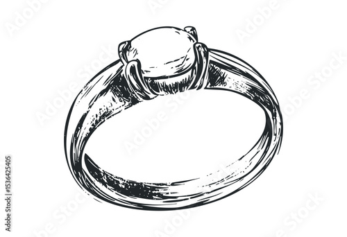 Elegant diamond ring sketch featuring detailed band and solitaire cut gemstone. Vector retro hand drawn illustration