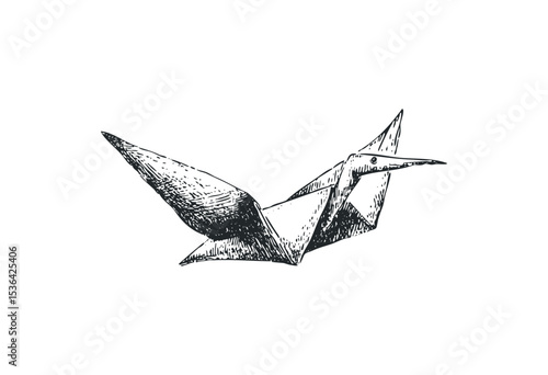 Intricate origami crane drawing in monochrome style. Vector retro hand drawn illustration