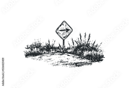 Rural road sign with arrow sketch in natural setting. Vector retro hand drawn illustration