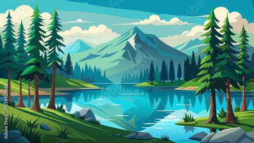 Beautiful landscape view of a serene pine forest with tall evergreen trees surrounding a calm reservoir lake. The clear water reflects the lush green forest and bright blue sky