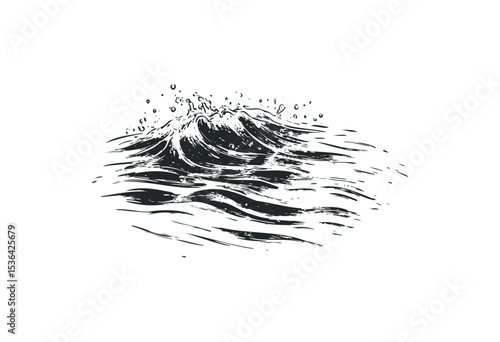 Dynamic ocean waves with splashing water and rippling motion. Vector retro hand drawn illustration