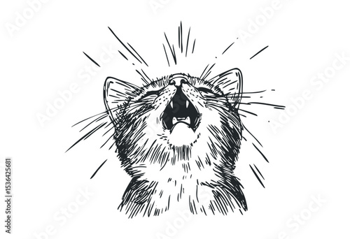 Illustrated yawning kitten with mouth open and whiskers visible. Vector retro hand drawn illustration