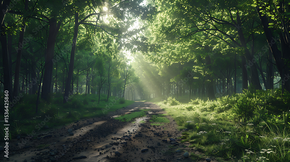 Fototapeta premium Serene Sunlit Forest Paths: Morning Light Filtering Through Lush Canopies