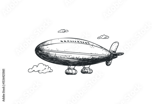 Vintage sketch of a dirigible with clouds in the sky. Vector retro hand drawn illustration