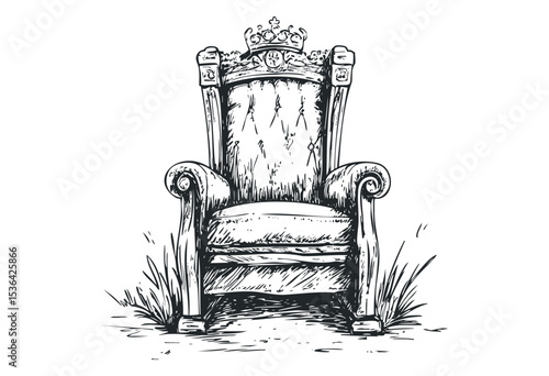 Elegant ornate throne chair with scroll armrests and crown detail in vintage sketch style. Vector retro hand drawn illustration