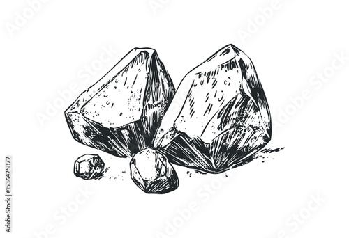 Hand-drawn sketch of rough uncut gemstones in black and white. Vector retro hand drawn illustration