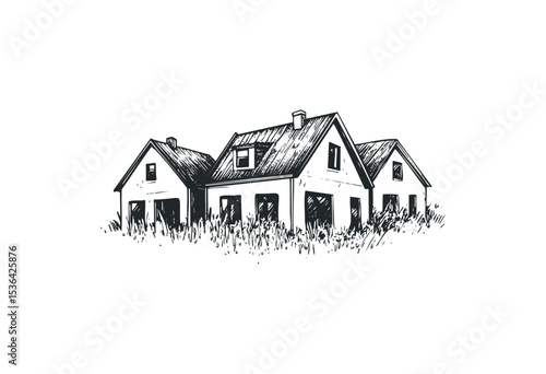 Rustic countryside house sketch with overgrown grass detailing. Vector retro hand drawn illustration