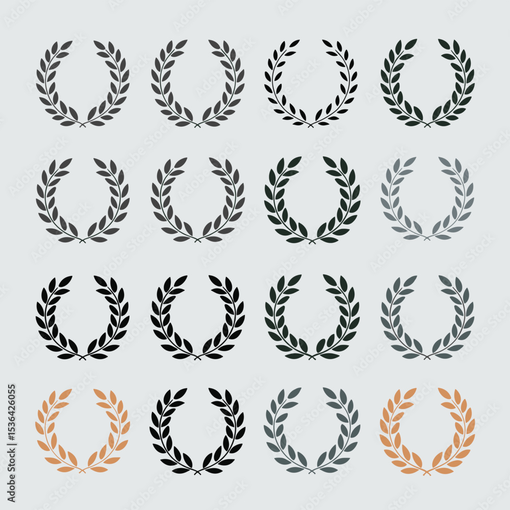 Obraz premium Set of Laurel Wreath Icons in Various Styles and Colors on Light Background