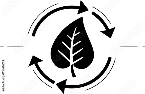 Simple black and white icon of three leaves rotating inside three arrows forming a circle
