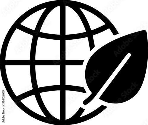 Line art icon of a globe with two leaves growing, symbolizing environmental protection and sustainability

