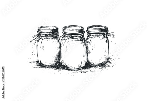 Hand-drawn sketch of three vintage mason jars in a row. Vector retro hand drawn illustration
