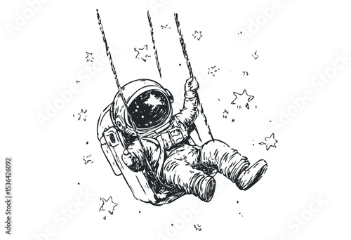 Astronaut in spacesuit swinging among stars in outer space. Vector retro hand drawn illustration