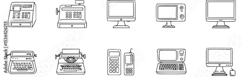 Cashier machine icons set. Collection of cash register icons representing various point of sale systems used in retail stores, supermarkets, and other commercial establishments