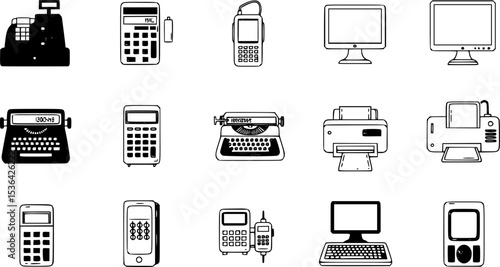 Cashier machine icons set. Collection of cash register icons representing various point of sale systems used in retail stores, supermarkets, and other commercial establishments