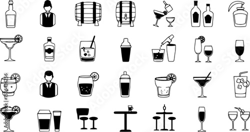 Bartender making cocktail icons set. Line icons representing various aspects of a bar, including bartenders, glassware, cocktails, and bar equipment
