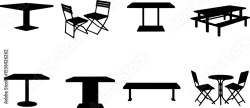 Set of camping tables and picnic benches featuring various designs, materials, and configurations, ideal for outdoor dining and recreation
