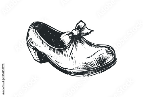Sketch of a classic wooden clog with bow detail. Vector retro hand drawn illustration