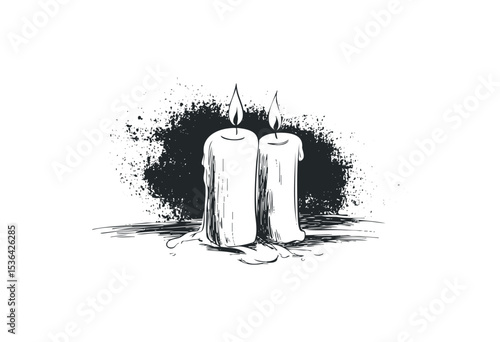 Hand-drawn melting candles with flames in monochrome. Vector retro hand drawn illustration