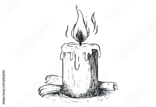 Hand-drawn melting candle with flame on white. Vector retro hand drawn illustration