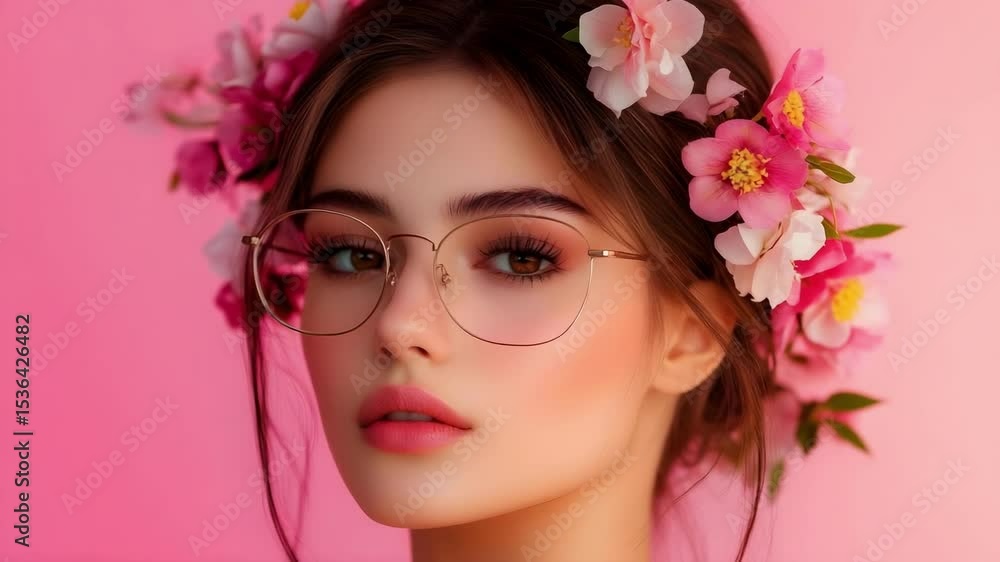 A young woman with long hair, wearing glasses and adorned with flowers, set against a pink background.