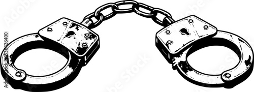 Two steel handcuffs closed on a white background representing law enforcement

