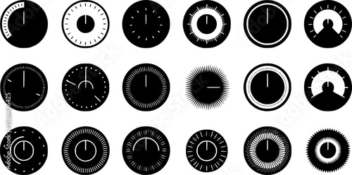 Volume control knobs icons set. Collection of simple black round turning switches, sound or multimedia settings, audio knobs, volume regulators, control panel elements