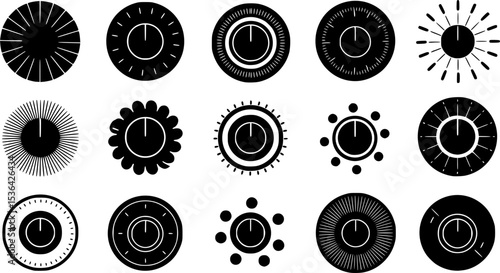 Volume control knobs icons set. Collection of simple black round turning switches, sound or multimedia settings, audio knobs, volume regulators, control panel elements