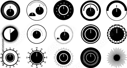 Volume control knobs icons set. Collection of simple black round turning switches, sound or multimedia settings, audio knobs, volume regulators, control panel elements