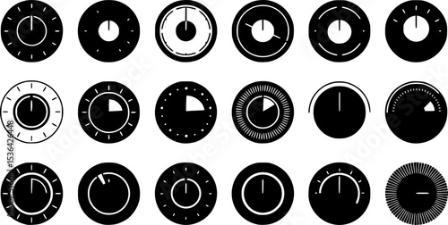 Volume control knobs icons set. Collection of simple black round turning switches, sound or multimedia settings, audio knobs, volume regulators, control panel elements