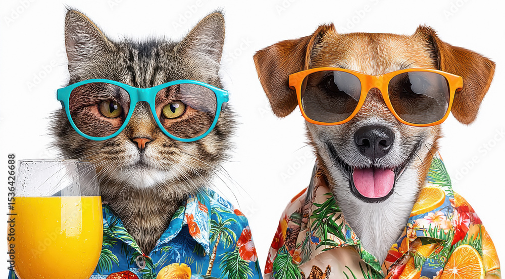 Fototapeta premium cat and dog wearing sunglasses and drinking juice