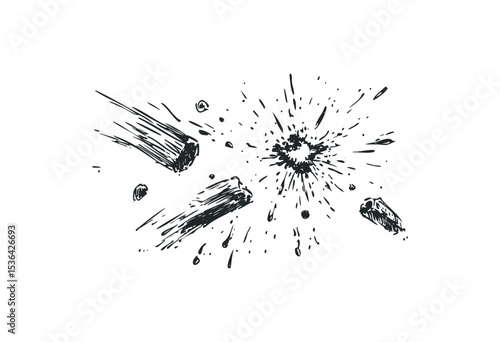 Exploding logs sketch in dynamic black ink style. Vector retro hand drawn illustration