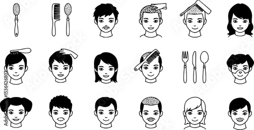 Head massage icons set. Hairdressers massaging clients' scalps, using brushes, combs, and other tools, promoting relaxation and hair health
