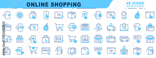 Big set of online shopping related filled icons. Editable stroke