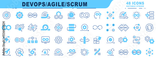 Devops, agile, scrum filled icons big set. Plan, process, steps etc. Editable stroke