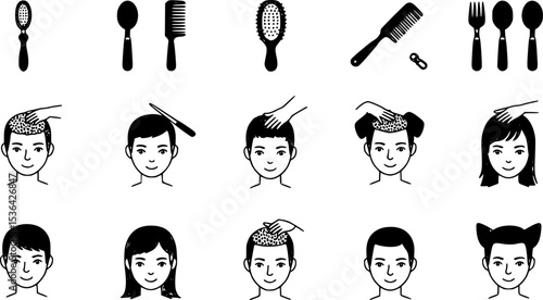 Head massage icons set. Hairdressers massaging clients' scalps, using brushes, combs, and other tools, promoting relaxation and hair health
