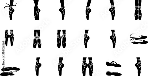Ballerina footwear icons set. Collection of various pointe shoe icons, showcasing different styles and positions, ideal for dance related projects
