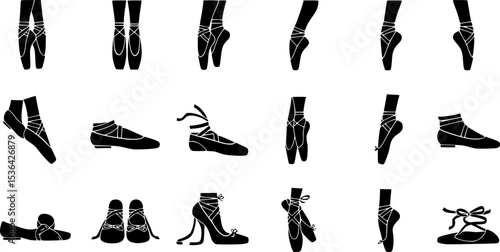 Ballerina footwear icons set. Collection of various pointe shoe icons, showcasing different styles and positions, ideal for dance related projects
