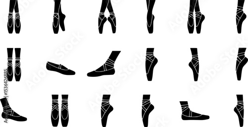 Ballerina footwear icons set. Collection of various pointe shoe icons, showcasing different styles and positions, ideal for dance related projects
