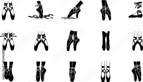 Ballerina footwear icons set. Collection of various pointe shoe icons, showcasing different styles and positions, ideal for dance related projects
