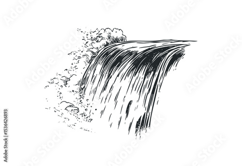 Sketch of cascading waterfall art with flowing detail. Vector retro hand drawn illustration