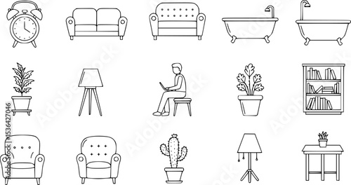 Psychologist office icons set. Psychotherapist consulting room icons showing furniture, plants, diploma, patient, and doctor

