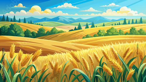 Beautiful panoramic landscape of a golden wheat field with ripening ears in the foreground, gently rolling yellow and green hills stretching into the distance under a clear blue sky