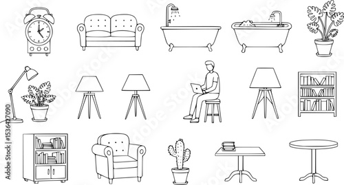 Psychologist office icons set. Psychotherapist consulting room icons showing furniture, plants, diploma, patient, and doctor
