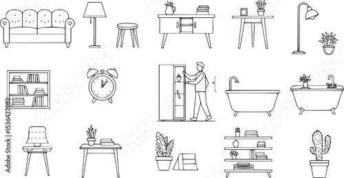 Psychologist office icons set. Psychotherapist consulting room icons showing furniture, plants, diploma, patient, and doctor
