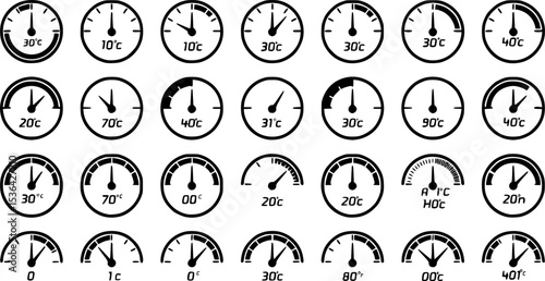 Thermostat ui icons set. Set of simple black round icons showing different temperatures in celsius and fahrenheit, ideal for representing temperature control in various contexts