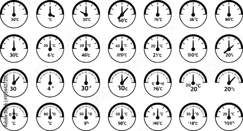 Thermostat ui icons set. Set of simple black round icons showing different temperatures in celsius and fahrenheit, ideal for representing temperature control in various contexts
